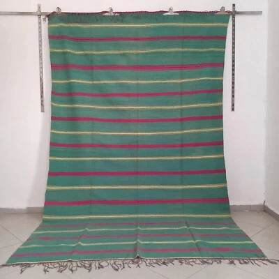Handmade Moroccan Green Rug Pink Yellow Stripe Fringe Berber Tribal Wool Carpet - Image 1 of 4