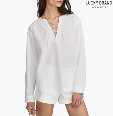 LUCKY BRAND NWT $90 OVERSIZED LACE-UP L/S BRIGHT WHITE COTTON SHIRT. SIZE L - Image 1 of 4