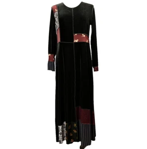 Vintage 90s Something Old Something New Velour Velvet Patch Maxi Dress Black M - Picture 1 of 24
