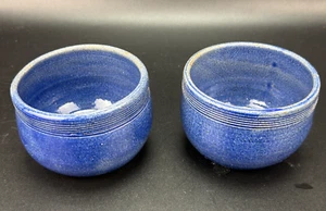 Handmade 4" Blue Pottery Bowl Pair Signed M Speckled Glaze Lined Rim - Picture 1 of 12