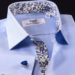 Blue Classic Elegant Twill Floral Inner Lining Double Cuffs Business Formal - Picture 1 of 8