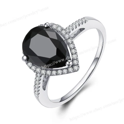 Fine Black Spinel Pear 10x7mm Ring Anniversary Sterling Silver 925 Prong Setting - Image 1 of 4