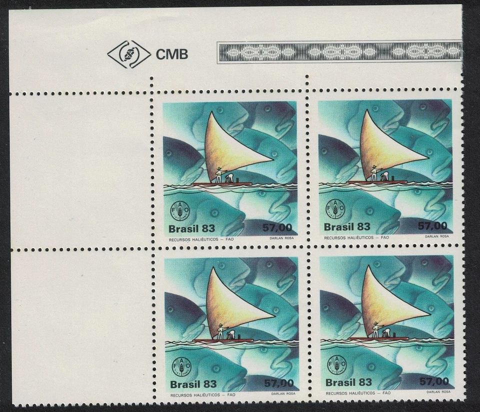 Brazil Fish Resources Ship Corner Block of 4 1983 MNH SG#2044 MI#2001 - Image 1 of 1