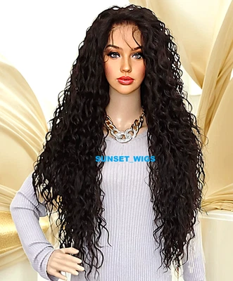 360 БЕСПЛАТНАЯ ЧАСТЬ ЧЕЛОВЕЧЕСКИХ ВОЛОС СМЕСЬ КРУЖЕВА СПЕРЕДИ ПАРИК ЭКСТРА ДЛИННЫЙ ЗАВИТОК ТЕМНО-КОРИЧНЕВЫЙ #2 НОВЫЙ С ЯРЛЫКАМИ - Изображение 1 из 4