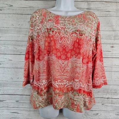 Chicos Womens Top Sz XL Pink Tan Paisley Cotton Blend 3/4 Sleeve - Image 1 of 4