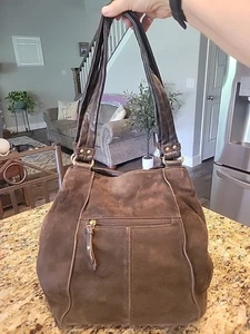 PREOWNED-Tignanello-Brown Suede Leather Shoulder Handbag/Purse-Med-12"x10"x5" - Picture 1 of 14