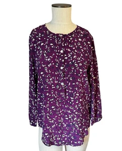 Amour Vert 100% Silk Royal Purple Button Front Long Sleeve Long Blouse Sz S - Picture 1 of 8