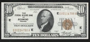 ⭐⭐ 1929 $10 RICHMOND FRBN FEDERAL RESERVE BANK NOTE Fr 1860-E 14798 - Picture 1 of 2