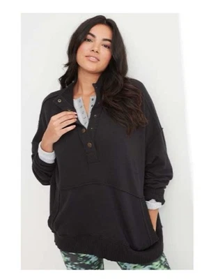 Moletom com capuz feminino Aerie Down To Earth preto algodão Henley tamanho XS - Imagem 1 de 4