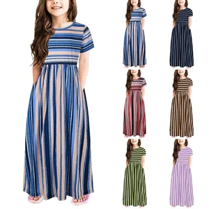 Toddler Kids Baby Girls Short Sleeve Striped Print Summer Pocket Long Dresses - Picture 1 of 32