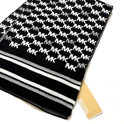 NUEVO CON ETIQUETAS MICHAEL KORS Bufanda Negra 9.5"x 63" Acrílico Diseño Gráfico Firma Invierno Foto 1 de 4