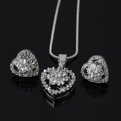 Donna Set Collana Pendente Orecchini Argento 18 Oro Bianco Placcato Zirconi S445 - Immagine 1 di 4