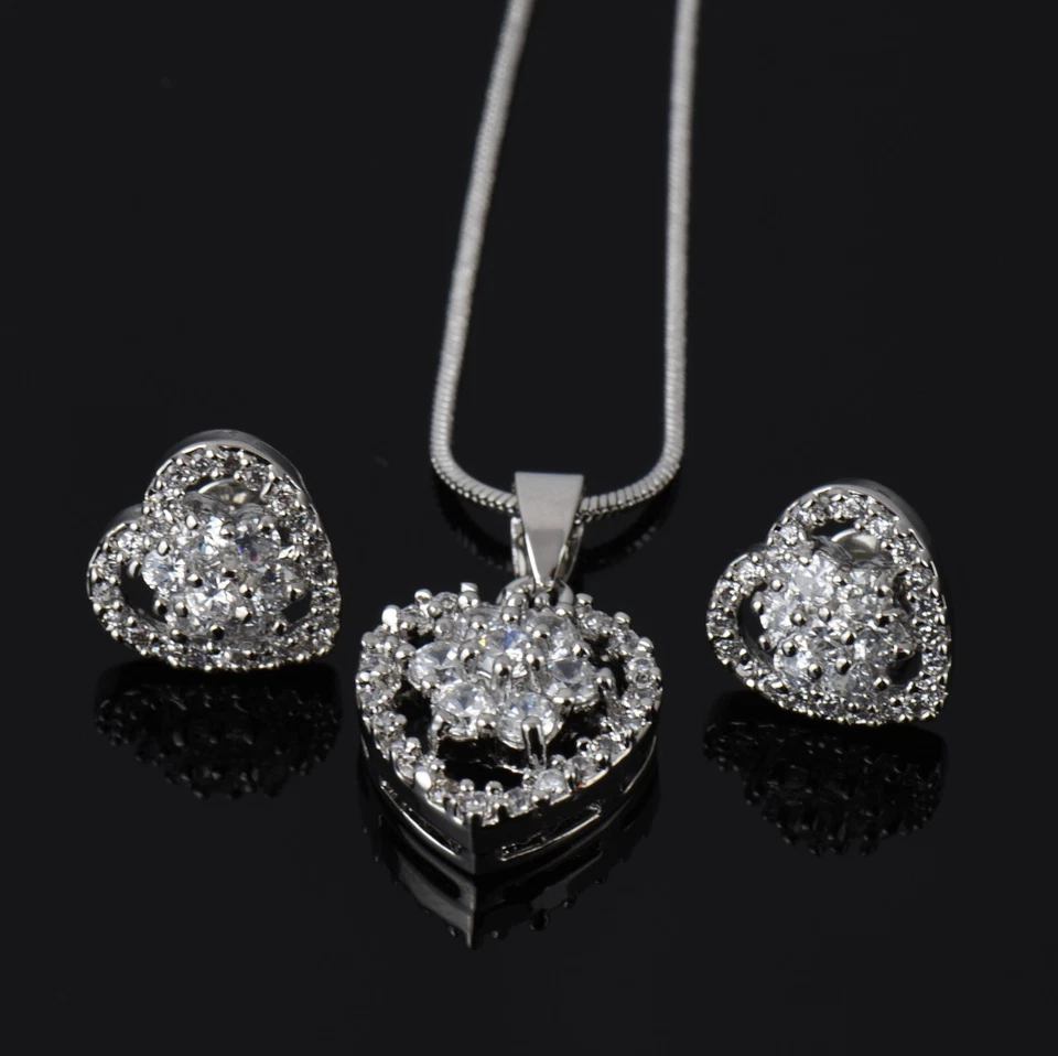 Donna Set Collana Pendente Orecchini Argento 18 Oro Bianco Placcato Zirconi S445 - Immagine 1 di 4