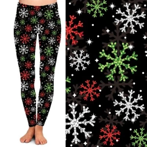 Green Red White Snowflakes Christmas Women's Leggings TC Plus Size 12-18 - Picture 1 of 2