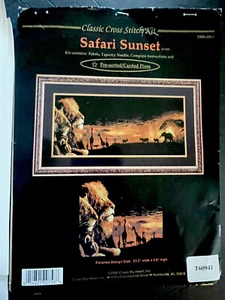 Vtg Sunset Safari Cross Stitch Kit Lion Giraffes Elephants Black Aida 23.2 x 9.9 - Picture 1 of 8