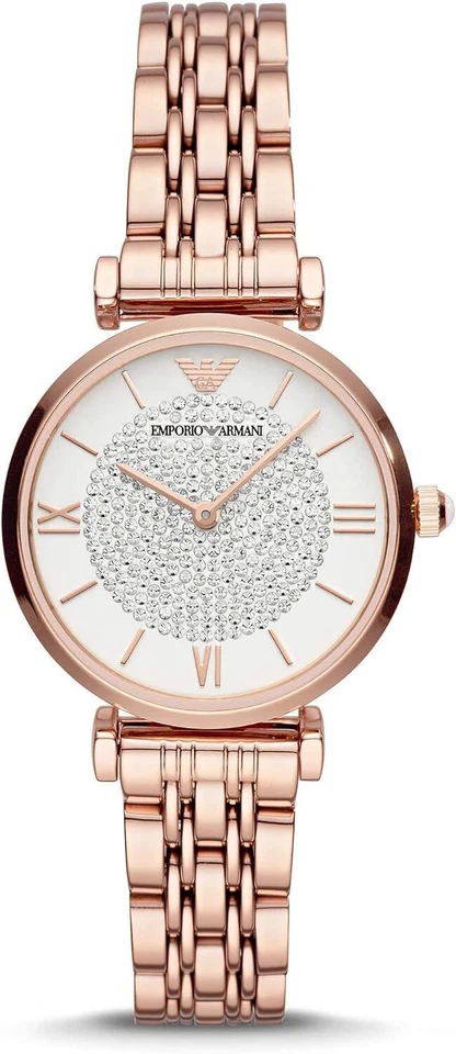 Emporio Armani Rose Gold Crystal White Dial Stainless Steel Womens Watch AR11244