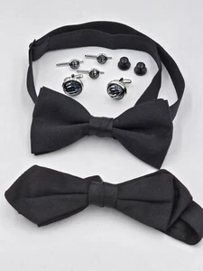 DANTE SILVERTONE HEMATITE CUFFLINKS & STUD SET WITH BOWTIES - Picture 1 of 11