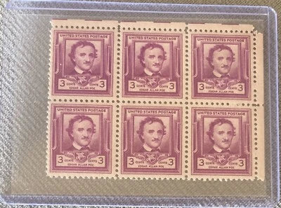 Block of 6 EDGAR ALLAN POE STAMPS US Scott 986 Issue 1949 3c w/ toploader sleeve - Image 1 of 2