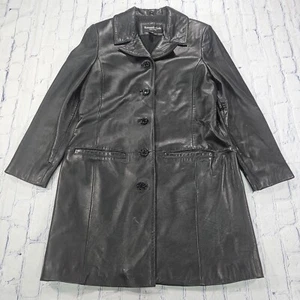 Kenneth Cole New York WOMENS L Black Leather Jacket Coat Long VINTAGE Y2K - Picture 1 of 12