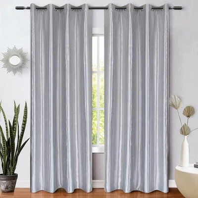 Silver Faux Silk Curtains Sparkle Metallic Satin Curtain Drapes for Bedroom 7... - Image 1 of 4