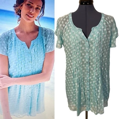 Soft Surroundings Azul Punto Francés Seda Abotonada Top Coqueta Hada Transparente Boho L Foto 1 de 4