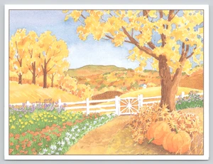 Greeting Card Giffin Russell Autumn Scene Pumpkins White Picket Fence Fall Color - Picture 1 of 2