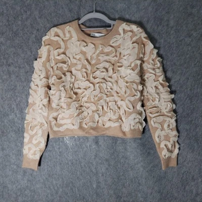 Suéter ZARA Mujer M Beige Texturizado Volantes Floral Apliques Tejido Manga Larga Foto 1 de 4