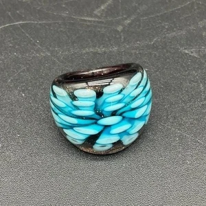 Vintage Lampwork Glass Dome Ring Size 5.5 Bold Turquoise Statement Jewelry - Picture 1 of 6