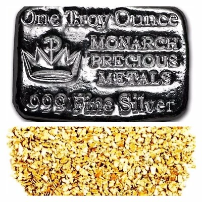 1 OZ .999 SILVER MONARCH HAND POURED CROWN BAR + 10 PIECE ALASKAN PURE GOLD NUGS - Image 1 of 4