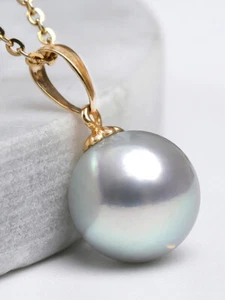 18" Gorgoeus 9-10mm AAA South Sea Round Gray Pearl Pendant Necklace 14k Gold P - Bild 1 von 6
