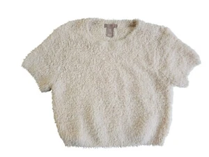 Soft Beige H&M Faux Shearling Short Sleeve Top Size M Cozy Fuzzy Warm Pullover W - Picture 1 of 5