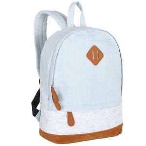 Modern 14-Inch Blue Denim Backpack with Lace Overlay and Faux Suede Bottom