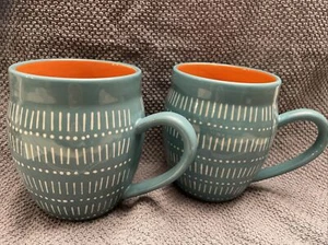 Set of 2 Baum Brothers TANGIER Turquoise Orange MCM Barrel Mugs EUC - Picture 1 of 4