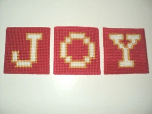 Holiday Christmas Needlepoint Squares JOY Red, Gold, White 4 1/2" Squares - Picture 1 of 1