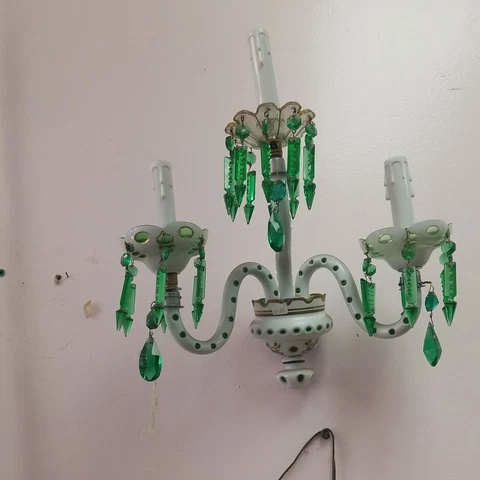 Pair Of 3 Light  Crystal Overlay White And Green Sconces Cover