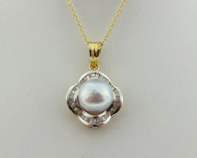 Gray Pearl 9mm Genuine Diamonds Solid 14k Two-Tone Gold Pendant 18" Necklace - Image 1 of 4