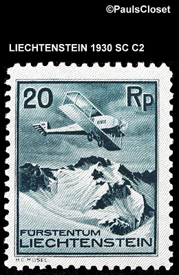 LIE 1930 SC C2 AIRPLANE OVER THE MOUNTAINS 20rp SLATE MVLH OG FINE/VF - Image 1 of 2