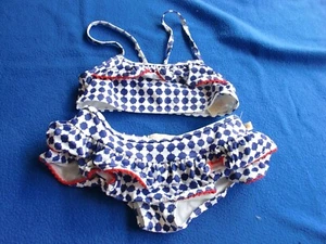Girl's~KATE SPADE~BLUE/WHITE~RUFFLES~GEOMETRIC PRINT~LOGO~ 2PC SWIMSUIT size 10 - Picture 1 of 7