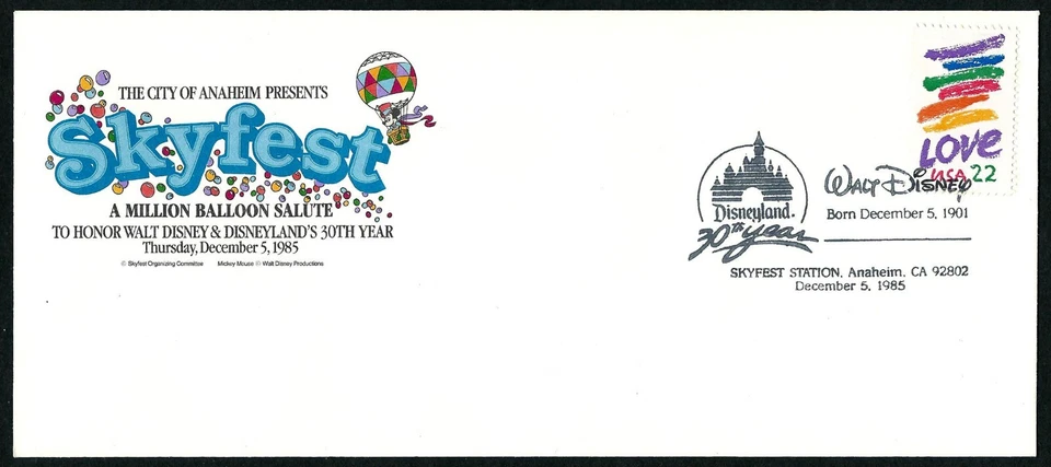 USA, SCOTT # 2143, RARE EVENT COVER 1985 SKYFEST DISNEY ANAHEIM, MILLION BALOONS - Image 1 of 1