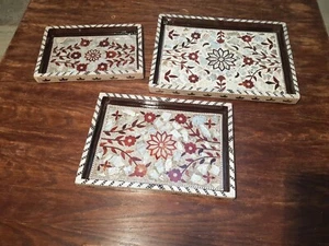 Handcrafted Decorative Wood Serving Breakfast Ottoman Tray Set of 3 Home Décor - Picture 1 of 24