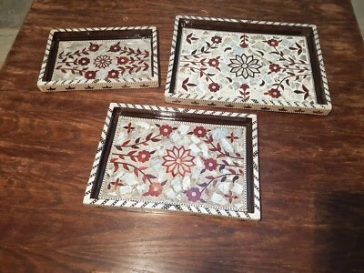 Handcrafted Decorative Wood Serving Breakfast Ottoman Tray Set of 3 Home Décor - Image 1 of 4