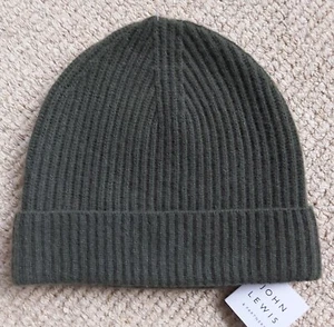 JOHN LEWIS 100% Cashmere KHAKI GREEN Cuff BEANIE Hat Lighweight Toque Mens Tags - Picture 1 of 4