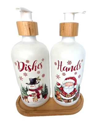 Christmas Soap Dispenser Set Dishes & Hands Snowman Santa Pump Bottles Bamboo Tr - Image 1 of 4