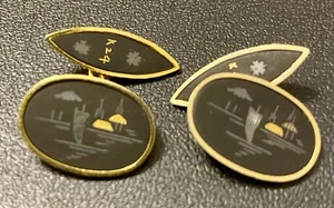 Vintage Damascene Japanese Village Scene Oval Double Cufflinks - Picture 1 of 7