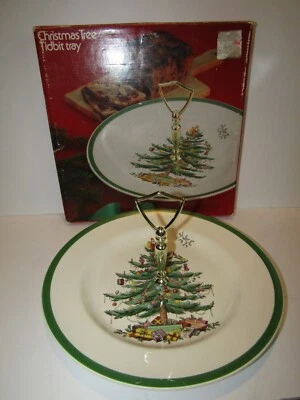 Spode CHRISTMAS TREE Tidbit Single Tier Tray GOLD Handled Serving Plate 10.5" - Image 1 of 4