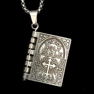 Bible Necklace 4 Pages Turnable Lords Prayer Pages 27” Box Chain Silver Tone - Picture 1 of 15