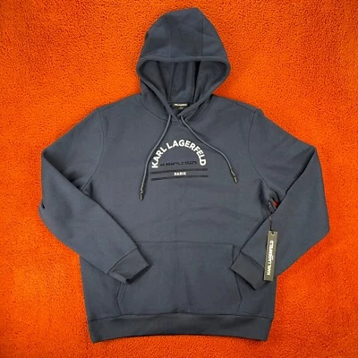 KARL LAGERFELD Paris Hombres GRANDE Logo Gráfico Sudadera con Capucha Azul Marino NUEVO Foto 1 de 4