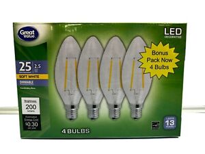 4pk Candalabra 25 Watt LED Light Bulbs Dimmable 2.5W 200 Lumen 2700K Soft White