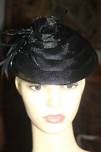 Década de 1940 Vintage de Estilo Blanco y Negro Oscuro Pastillero Sombrero-cara Net Y Arco