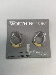 NWT Fashion Earrings, Silver Tone W/ Cream Color, Small Hoop - Picture 1 of 4